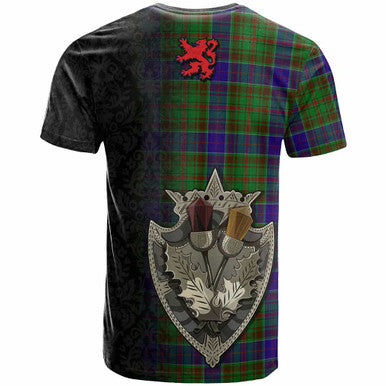 Scottish Adam Clan Tartan T-Shirt - Half Thistle Flowers Celtic Design Back Side Tartan Plaid