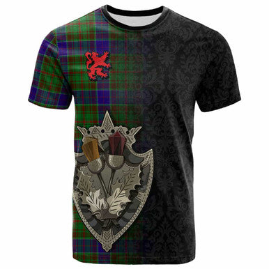 Scottish Adam Clan Tartan T-Shirt - Half Thistle Flowers Celtic Design Front Side Tartan Plaid