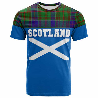 Scottish Adam Clan Tartan T-Shirt - Lion Rampant of Scotland With Flag Front Side Tartan Plaid