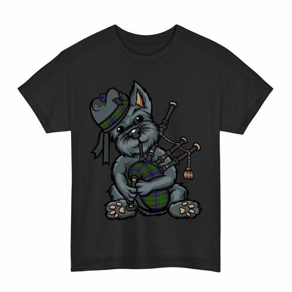 Scottish Adam Clan Tartan Terrier Bagpipes T-Shirt Tartan Plaid Black Color