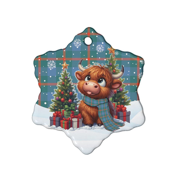 Scottish Agnew Ancient Clan Tartan Ceramic Ornament Cute Highland Cow Christmas Snow Flake Style Tartan Plaid
