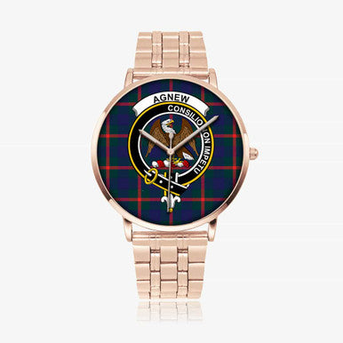Scottish Agnew Clan Crest Tartan Instafamous Steel Quartz Watches Tartan Plaid Rose Gold 1