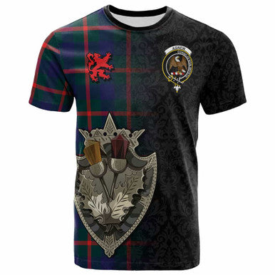 Scottish Agnew Clan Crest Tartan T-Shirt - Half Thistle Flowers Celtic Design Front Side Tartan Plaid