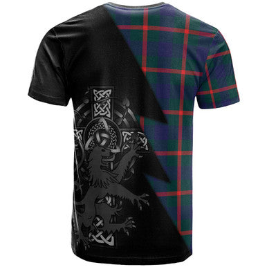 Scottish Agnew Clan Crest Tartan T-Shirt - Lion Rampant Celtic Cross Flash Style Back Side Tartan Plaid