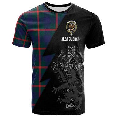 Scottish Agnew Clan Crest Tartan T-Shirt - Lion Rampant Celtic Cross Flash Style Front Side Tartan Plaid