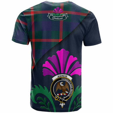 Scottish Agnew Clan Crest Tartan T-Shirt - Scotland Thistle Style Back Side Tartan Plaid