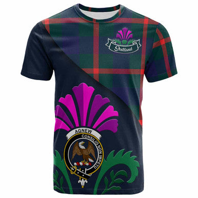 Scottish Agnew Clan Crest Tartan T-Shirt - Scotland Thistle Style Front Side Tartan Plaid