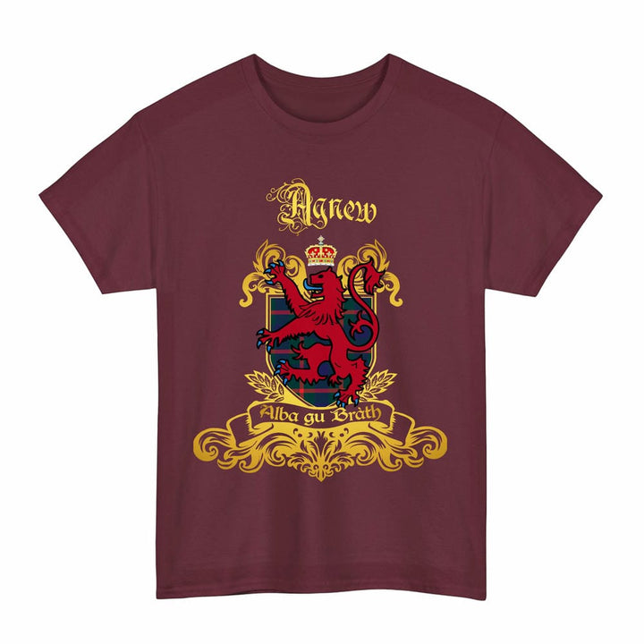 Scottish Agnew Clan Tartan Lion Rampant of Scotland T-Shirt Tartan Plaid Maroon Color