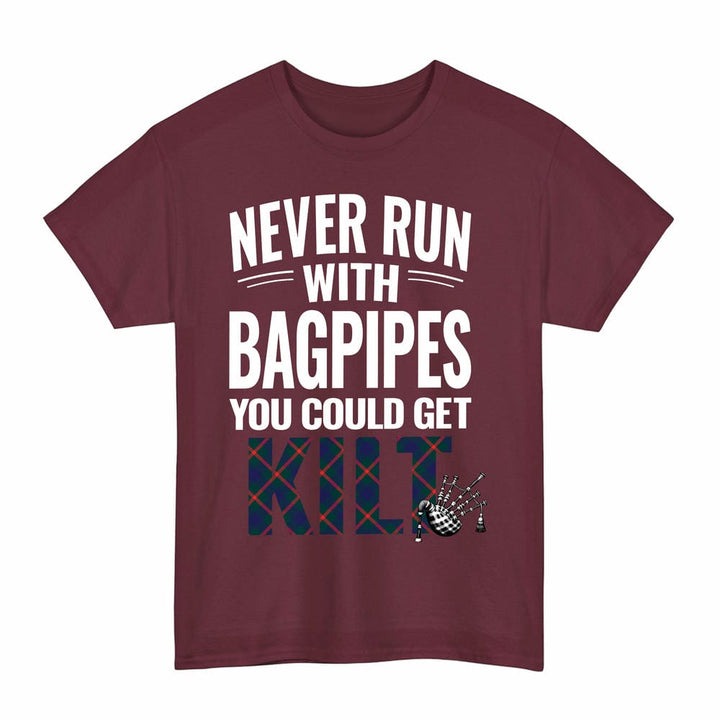 Scottish Agnew Modern Clan Tartan Never Run With Bagpipes T-Shirt Tartan Plaid Maroon Color