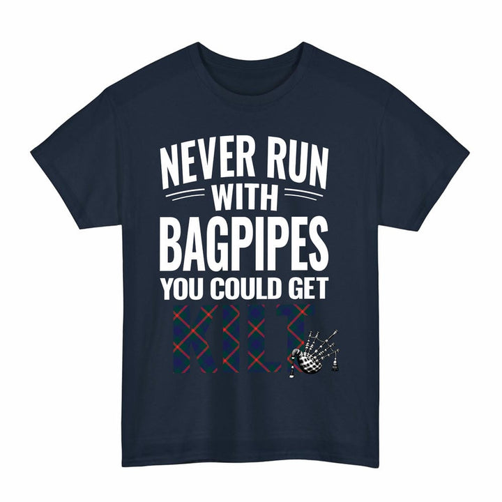 Scottish Agnew Modern Clan Tartan Never Run With Bagpipes T-Shirt Tartan Plaid Navy Color