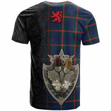 Scottish Agnew Modern Clan Tartan T-Shirt - Half Thistle Flowers Celtic Design Back Side Tartan Plaid