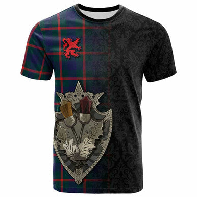 Scottish Agnew Modern Clan Tartan T-Shirt - Half Thistle Flowers Celtic Design Front Side Tartan Plaid