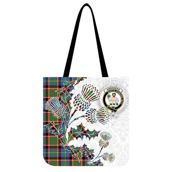 Scottish Aikenhead Clan Crest Tartan Tote Bag - Thistle Flowers Style Tartan Plaid 1