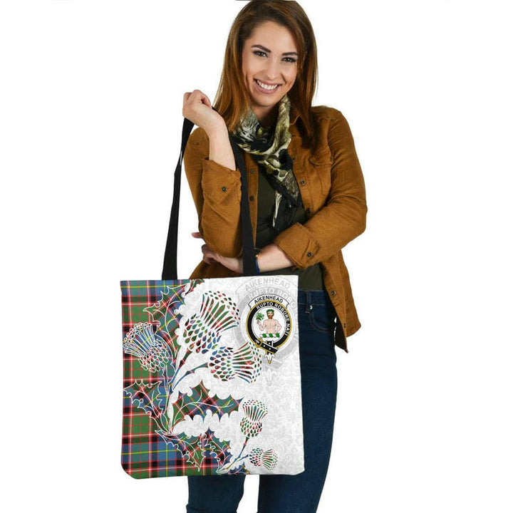 Scottish Aikenhead Clan Crest Tartan Tote Bag - Thistle Flowers Style Tartan Plaid 2