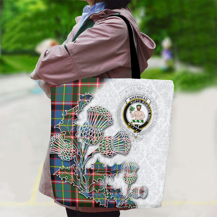 Scottish Aikenhead Clan Tartan Canvas Bag With Shoulder Straps - Thistle Flowers Style Tartan Plaid 2