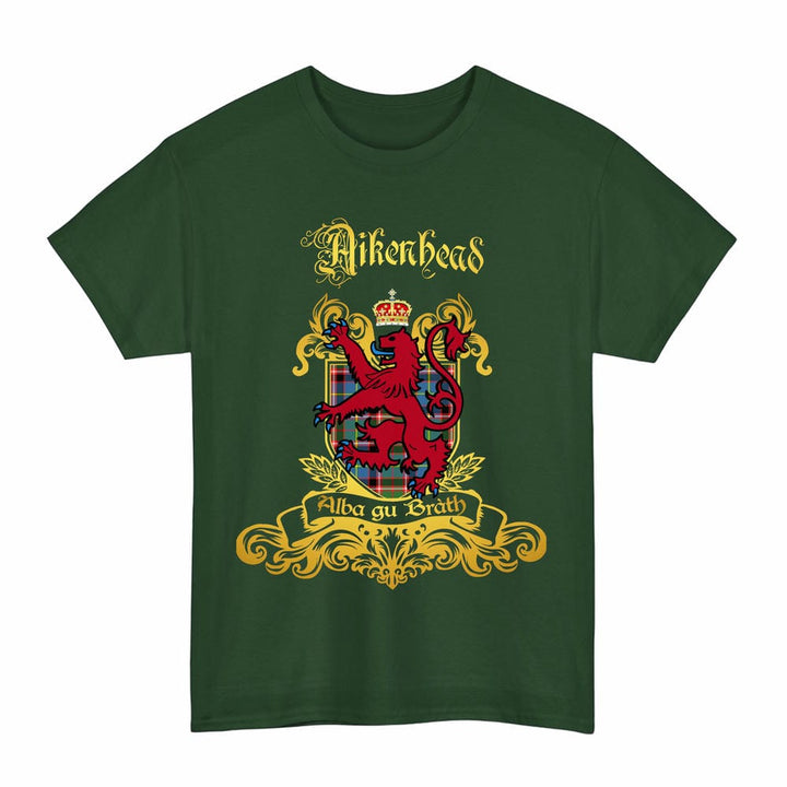 Scottish Aikenhead Clan Tartan Lion Rampant of Scotland T-Shirt Tartan Plaid Forest Green Color