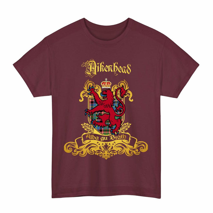 Scottish Aikenhead Clan Tartan Lion Rampant of Scotland T-Shirt Tartan Plaid Maroon Color