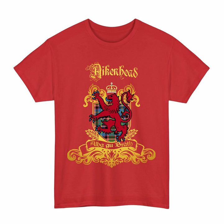 Scottish Aikenhead Clan Tartan Lion Rampant of Scotland T-Shirt Tartan Plaid Red Color