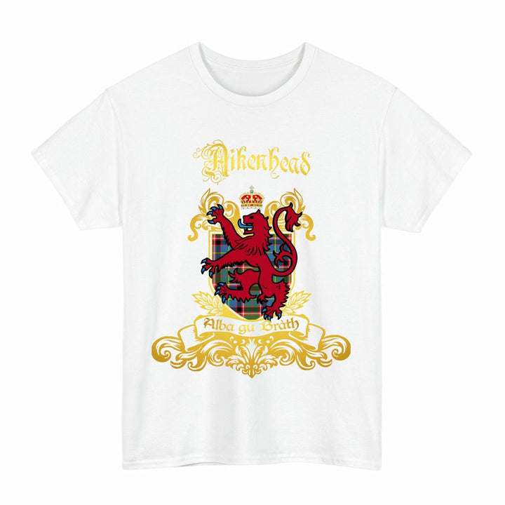 Scottish Aikenhead Clan Tartan Lion Rampant of Scotland T-Shirt Tartan Plaid White Color