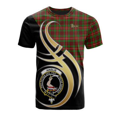 Scottish Ainslie Clan Crest Tartan T-Shirt Believe in Me Front Side Tartan Plaid