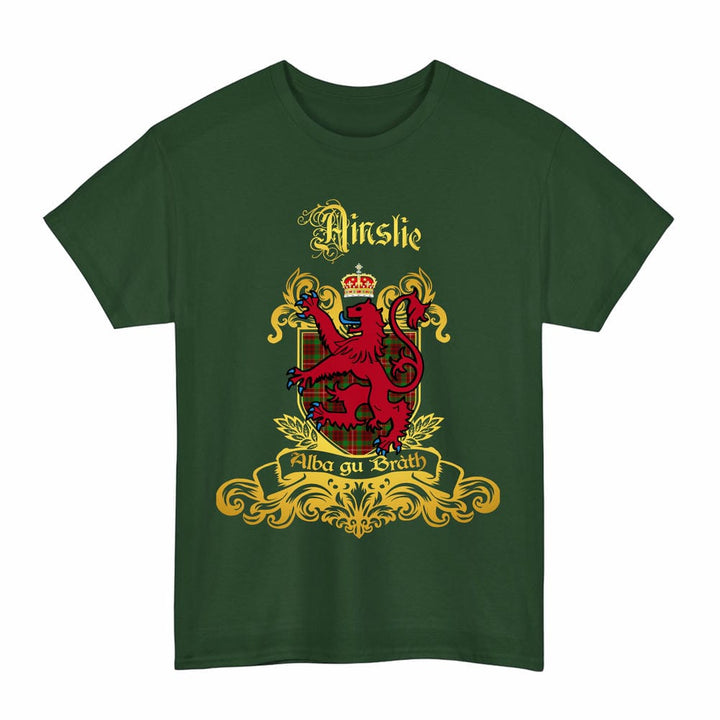 Scottish Ainslie Clan Tartan Lion Rampant of Scotland T-Shirt Tartan Plaid Forest Green Color
