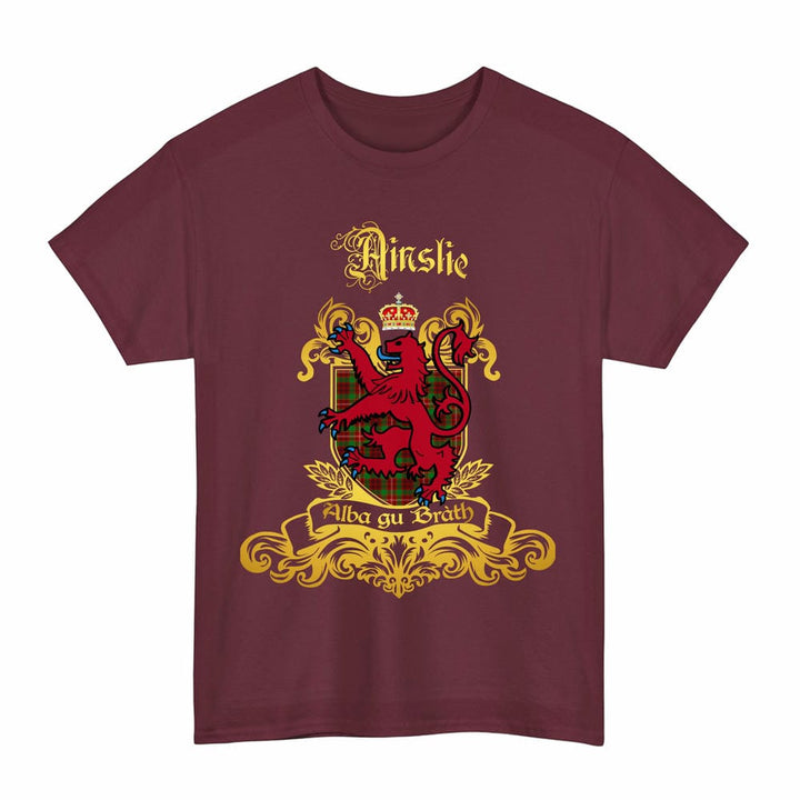 Scottish Ainslie Clan Tartan Lion Rampant of Scotland T-Shirt Tartan Plaid Maroon Color