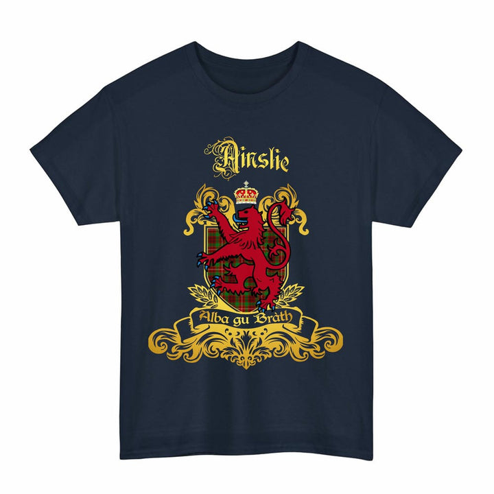 Scottish Ainslie Clan Tartan Lion Rampant of Scotland T-Shirt Tartan Plaid Navy Color