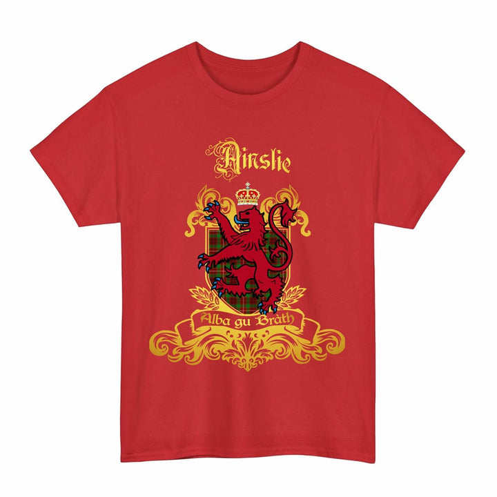 Scottish Ainslie Clan Tartan Lion Rampant of Scotland T-Shirt Tartan Plaid Red Color