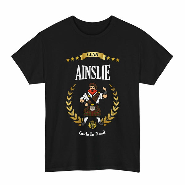 Scottish Ainslie Clan Tartan T-Shirt - Motto Scotsman Tartan Plaid Black Color