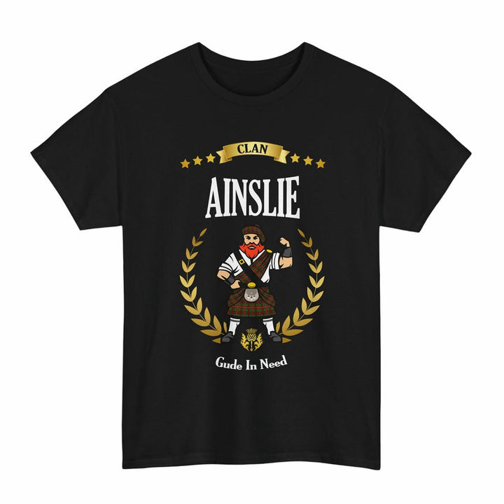 Scottish Ainslie Clan Tartan T-Shirt - Motto Scotsman Tartan Plaid Black Color