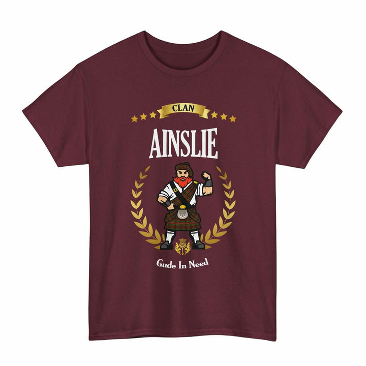 Scottish Ainslie Clan Tartan T-Shirt - Motto Scotsman Tartan Plaid Maroon Color