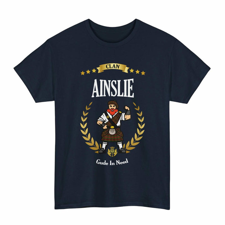 Scottish Ainslie Clan Tartan T-Shirt - Motto Scotsman Tartan Plaid Navy Color