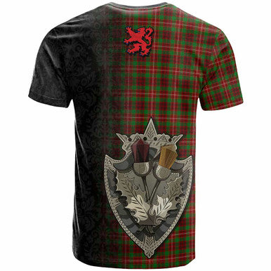 Scottish Ainslie Clan Tartan T-Shirt - Half Thistle Flowers Celtic Design Back Side Tartan Plaid