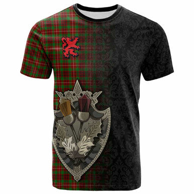 Scottish Ainslie Clan Tartan T-Shirt - Half Thistle Flowers Celtic Design Front Side Tartan Plaid