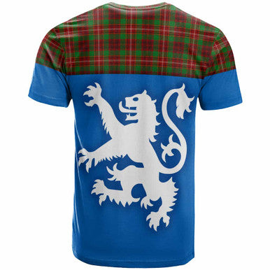 Scottish Ainslie Clan Tartan T-Shirt - Lion Rampant of Scotland With Flag Back Side Tartan Plaid
