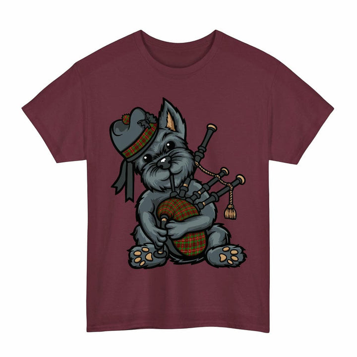 Scottish Ainslie Clan Tartan Terrier Bagpipes T-Shirt Tartan Plaid Maroon Color