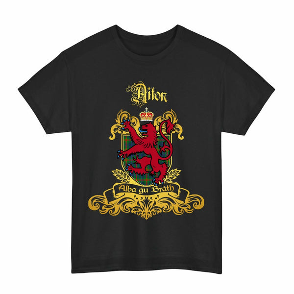 Scottish Aiton Clan Tartan Lion Rampant of Scotland T-Shirt Tartan Plaid Black Color