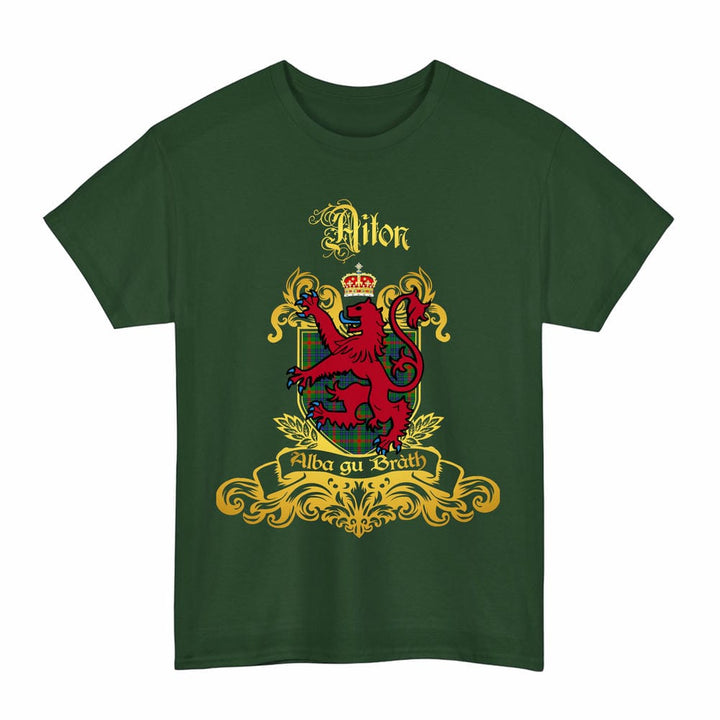 Scottish Aiton Clan Tartan Lion Rampant of Scotland T-Shirt Tartan Plaid Forest Green Color