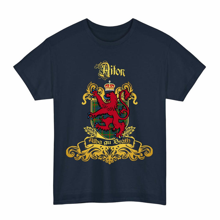 Scottish Aiton Clan Tartan Lion Rampant of Scotland T-Shirt Tartan Plaid Navy Color