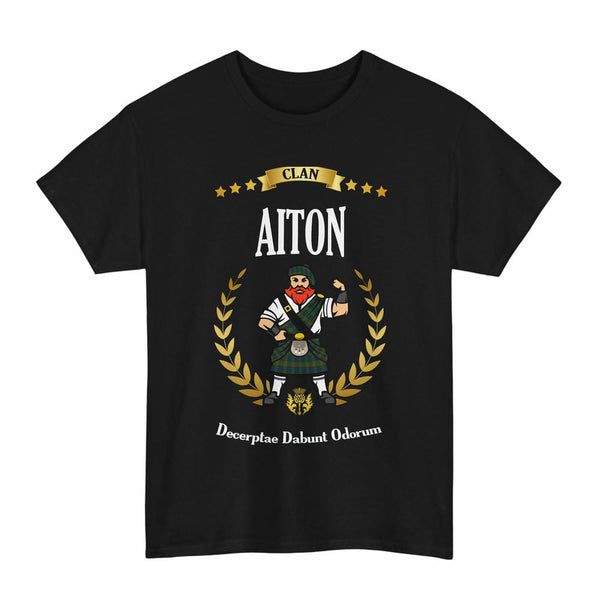 Scottish Aiton Clan Tartan T-Shirt - Motto Scotsman Tartan Plaid Black Color
