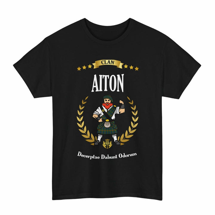 Scottish Aiton Clan Tartan T-Shirt - Motto Scotsman Tartan Plaid Black Color