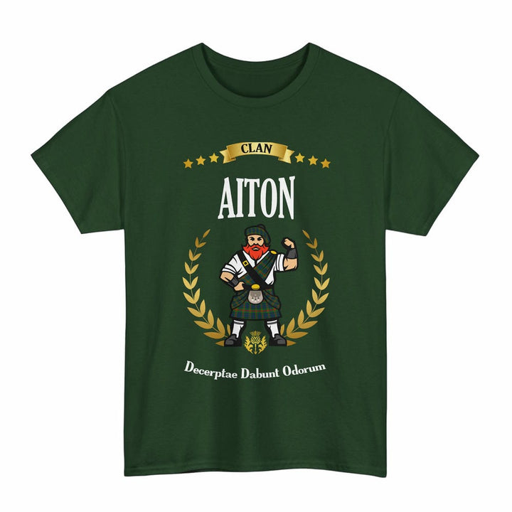 Scottish Aiton Clan Tartan T-Shirt - Motto Scotsman Tartan Plaid Forest Green Color