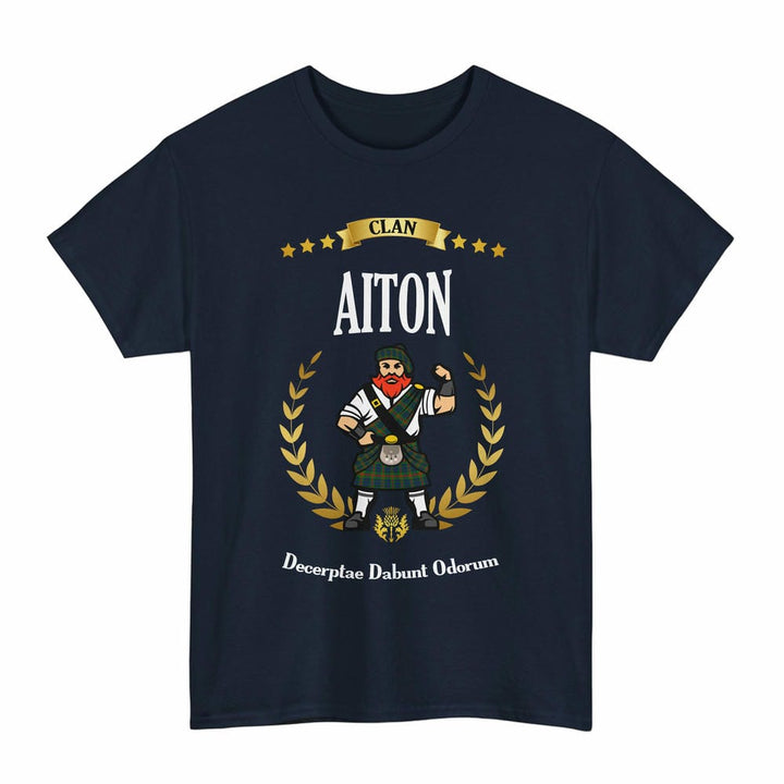 Scottish Aiton Clan Tartan T-Shirt - Motto Scotsman Tartan Plaid Navy Color