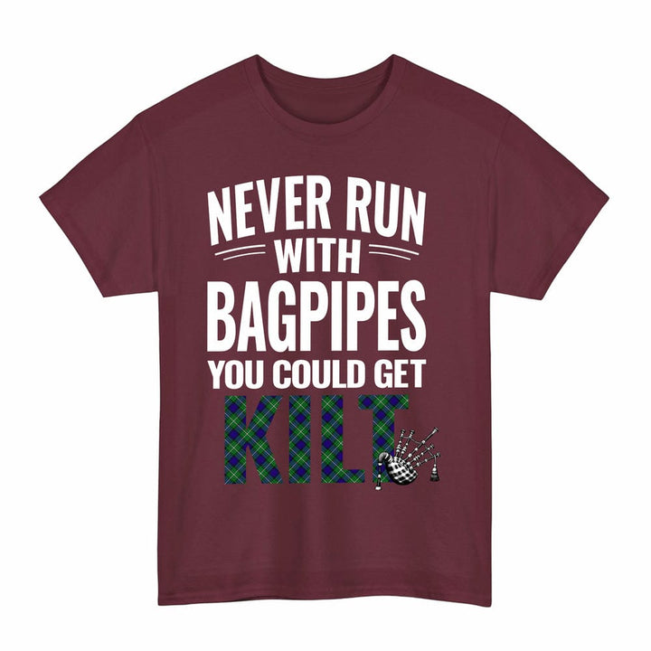Scottish Alexander Clan Tartan Never Run With Bagpipes T-Shirt Tartan Plaid Maroon Color