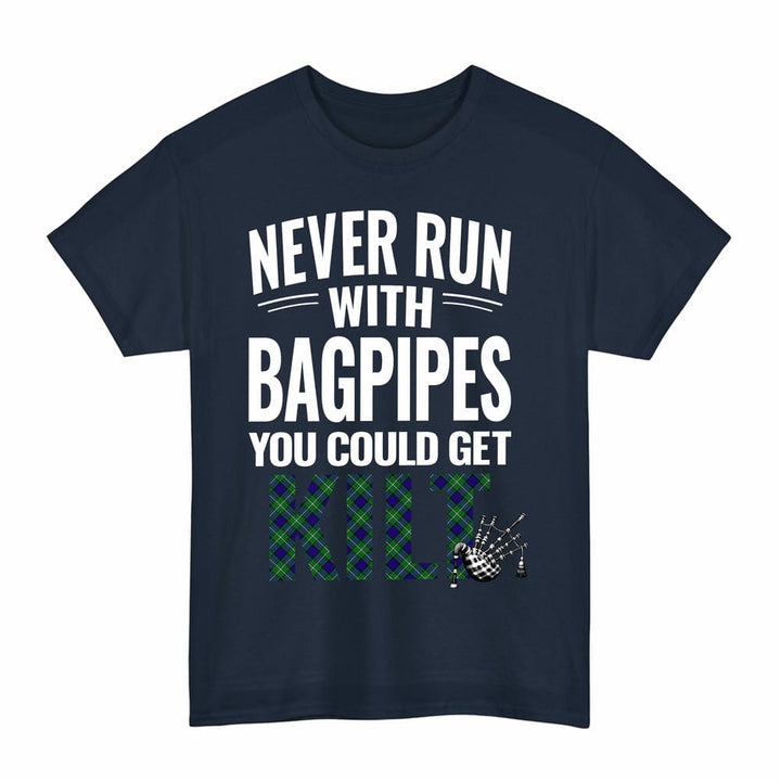 Scottish Alexander Clan Tartan Never Run With Bagpipes T-Shirt Tartan Plaid Navy Color