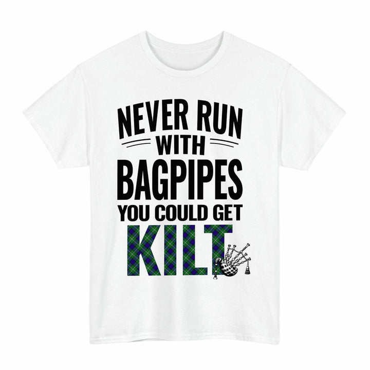 Scottish Alexander Clan Tartan Never Run With Bagpipes T-Shirt Tartan Plaid White Color