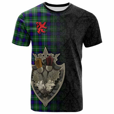 Scottish Alexander Clan Tartan T-Shirt - Half Thistle Flowers Celtic Design Front Side Tartan Plaid