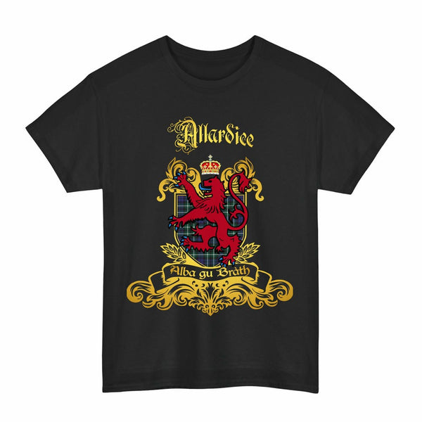 Scottish Allardice Clan Tartan Lion Rampant of Scotland T-Shirt Tartan Plaid Black Color