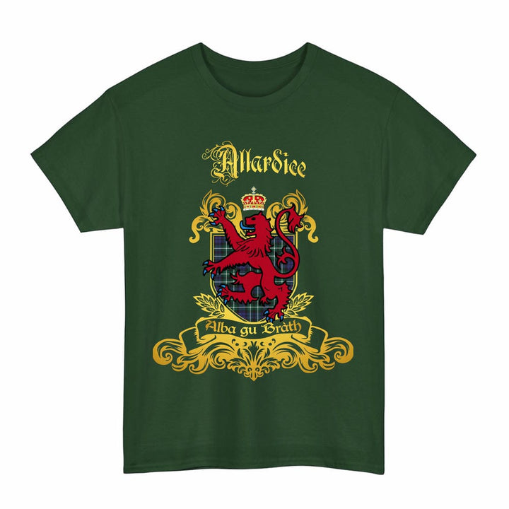 Scottish Allardice Clan Tartan Lion Rampant of Scotland T-Shirt Tartan Plaid Forest Green Color