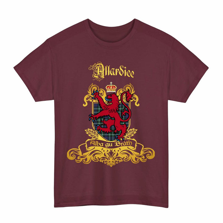 Scottish Allardice Clan Tartan Lion Rampant of Scotland T-Shirt Tartan Plaid Maroon Color